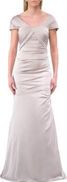 La Femme Lovely Ruched Mermaid Satin Gown with Unique Neckline