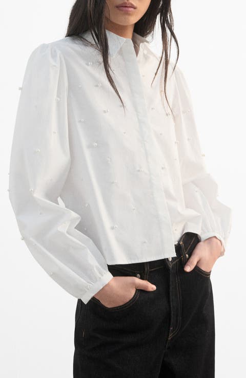 Pearl Detail Puff Sleeve Button-Up Shirt