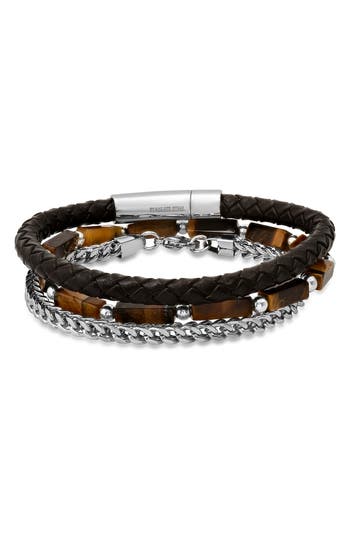 Hmy Jewelry Set Of 3 Tiger's-eye, Chain & Leather Bracelets In Black