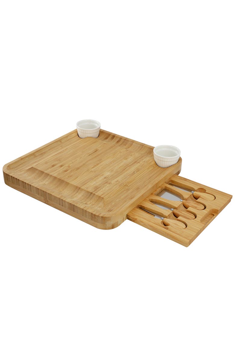 Wood Charcuterie Cheese Board Set with Ramekins and Slide Out Cutlery Drawer, Alternate, color, Bamboo