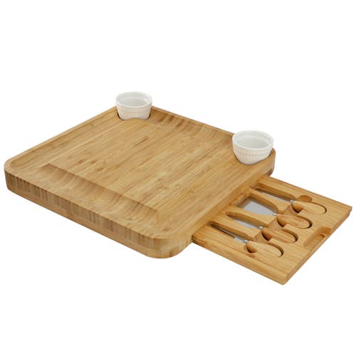Megachef Wood Charcuterie Cheese Board Set With Ramekins And Slide Out Cutlery Drawer In Brown