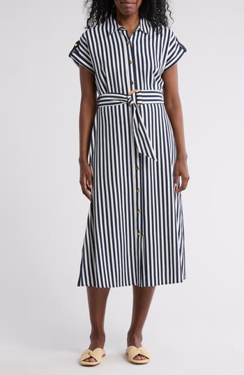 Shop Ellen Tracy Stripe Short Sleeve Midi Shirtdress In Navy/white Stripe
