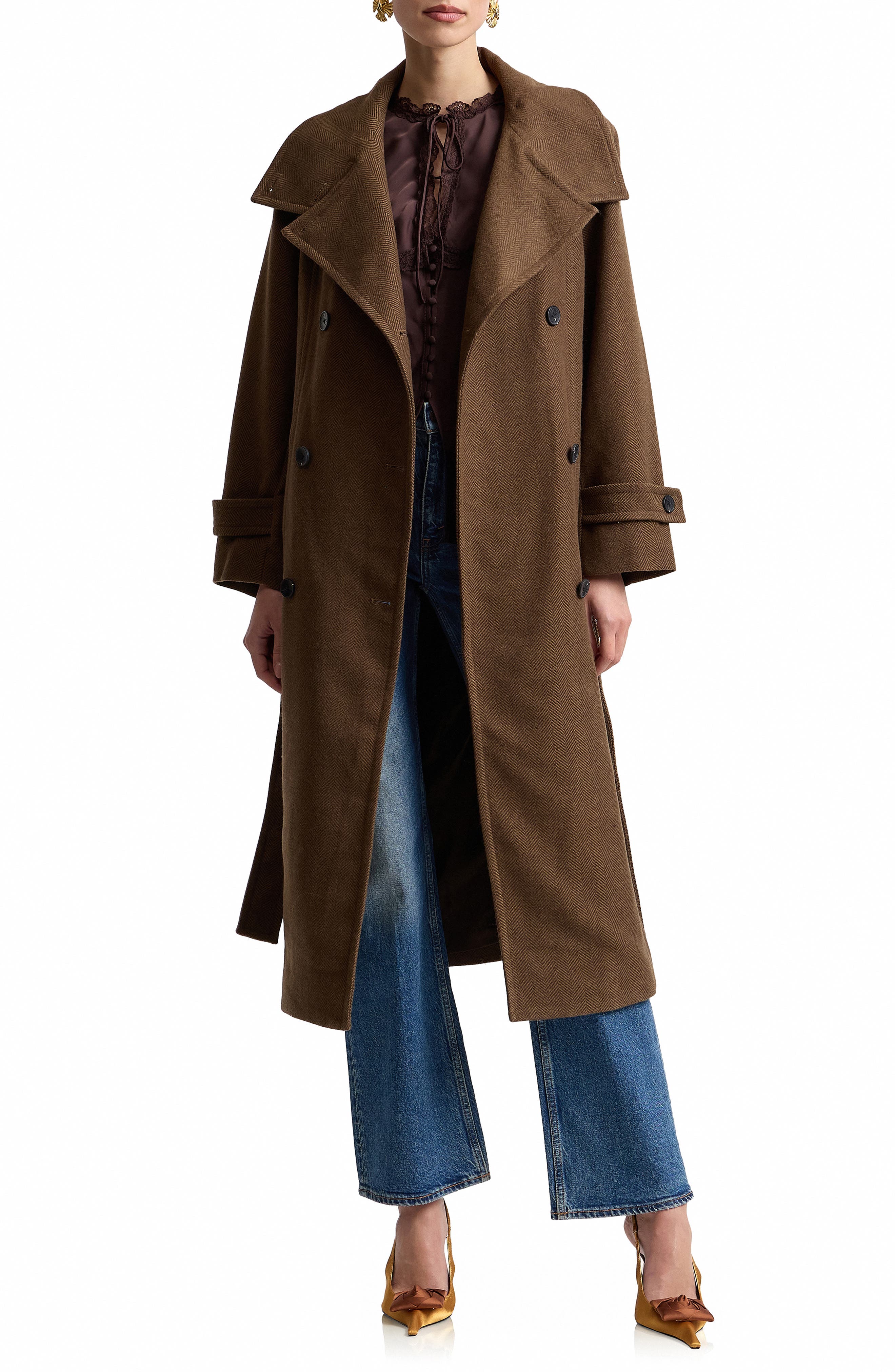 Avec Les Filles Belted Herringbone Trench Coat