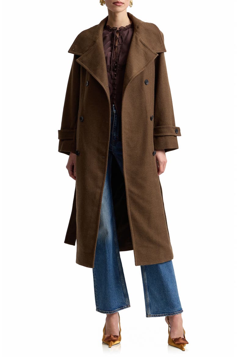 Belted Funnel Neck Herringbone Trench Coat, Main, color, TAWNY