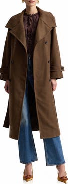 Avec Les Filles Belted Funnel Neck Herringbone Trench Coat
