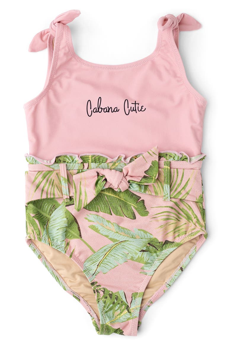 Kids' Cabana Palms Shimmer One-Piece Swimsuit, Main, color, PINK/ MULTI