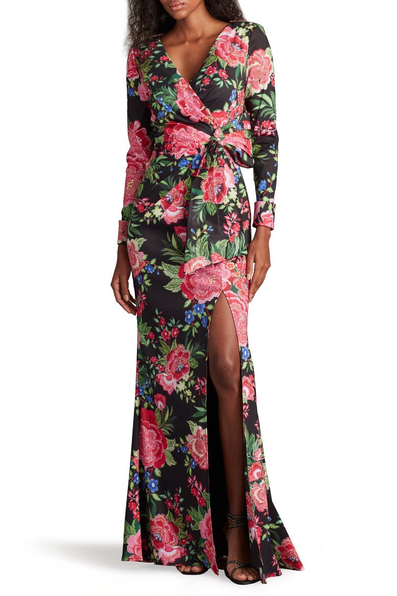 Floral Long Sleeve Evening Gown, Main, color, BLACK/ FUCHSIA FLORAL