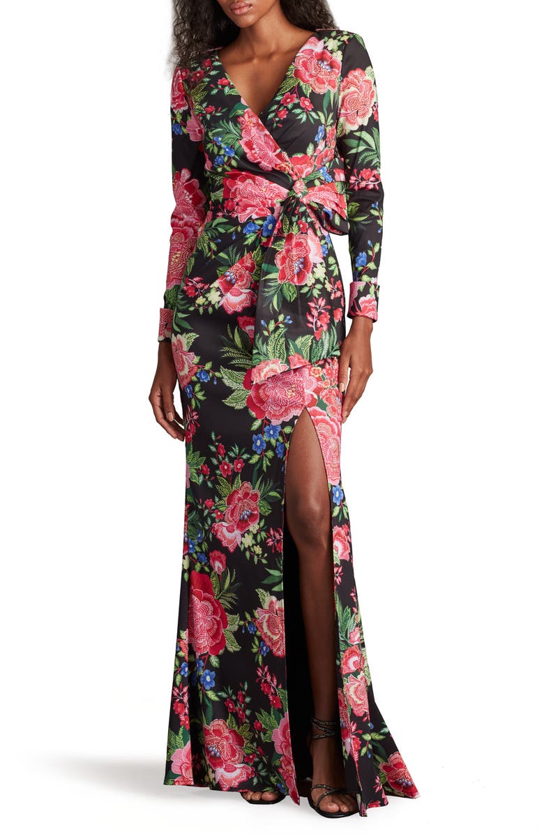 Tadashi Shoji Floral Long Sleeve Evening Gown, Main, color, Black/ Fuchsia Floral
