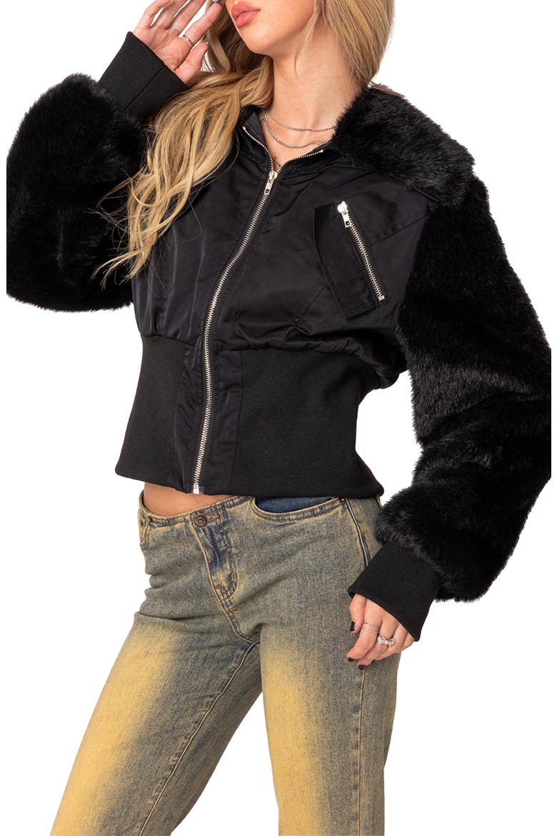 Malliora Faux Fur Trim Bomber Jacket, Alternate, color, BLACK
