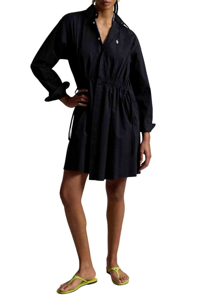 Drawstring Waist Cotton Shirtdress, Main, color, POLO BLACK