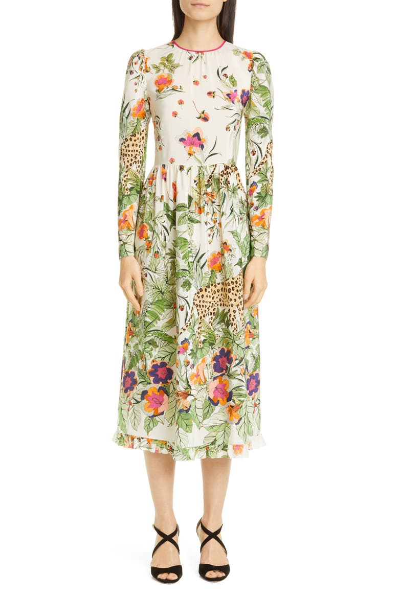Jungle Print Long Sleeve Silk Midi Dress, Main, color, LATTE