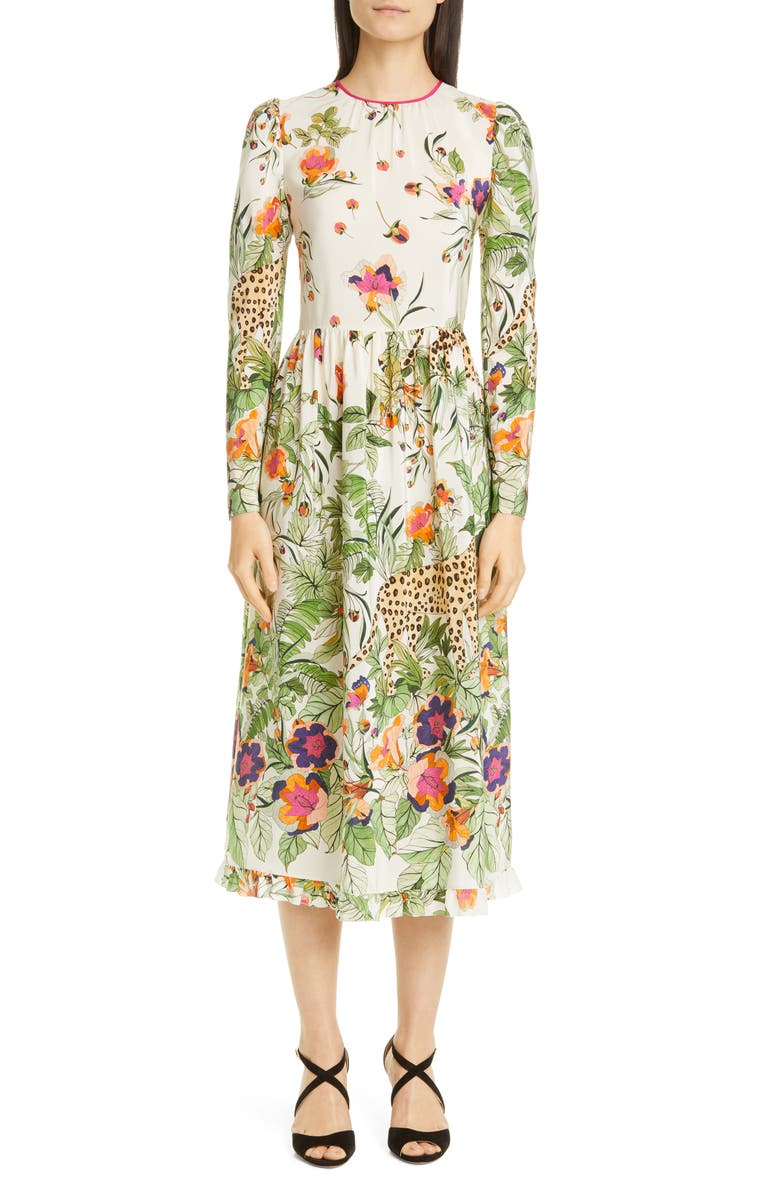 RED Valentino Jungle Print Long Sleeve Silk Midi Dress, Main, color, 