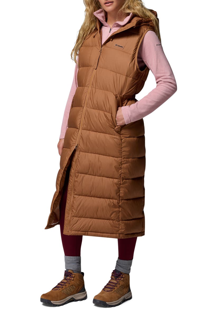 Columbia Pike Lake II Water Repellent Insulated Longline Hooded Vest, Alternate, color, Camel Brown 224