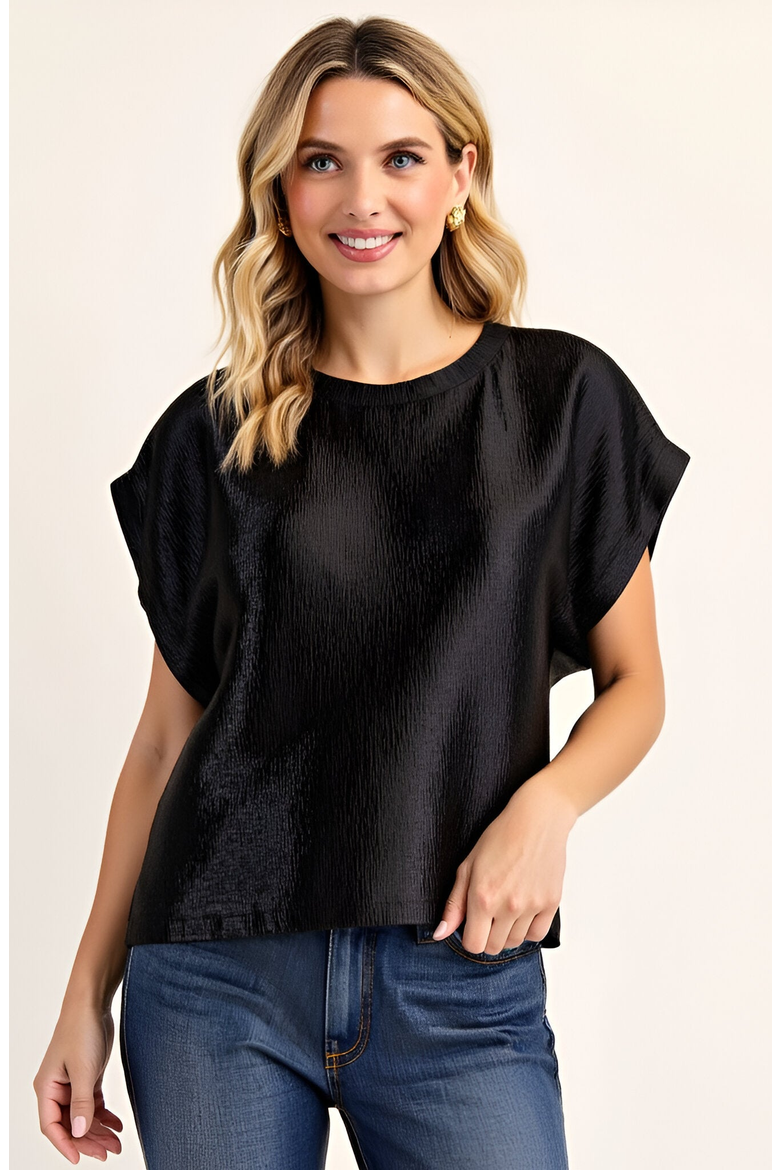 Short Sleeve Textured Satin Blouse with Relaxed Fit and Keyhole Back, Main, color, Black