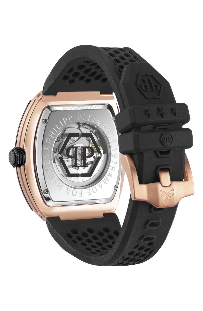 PHILIPP PLEIN The $keleton Silicone Strap Watch, 44mm, Alternate, color, Rose Gold/ Black