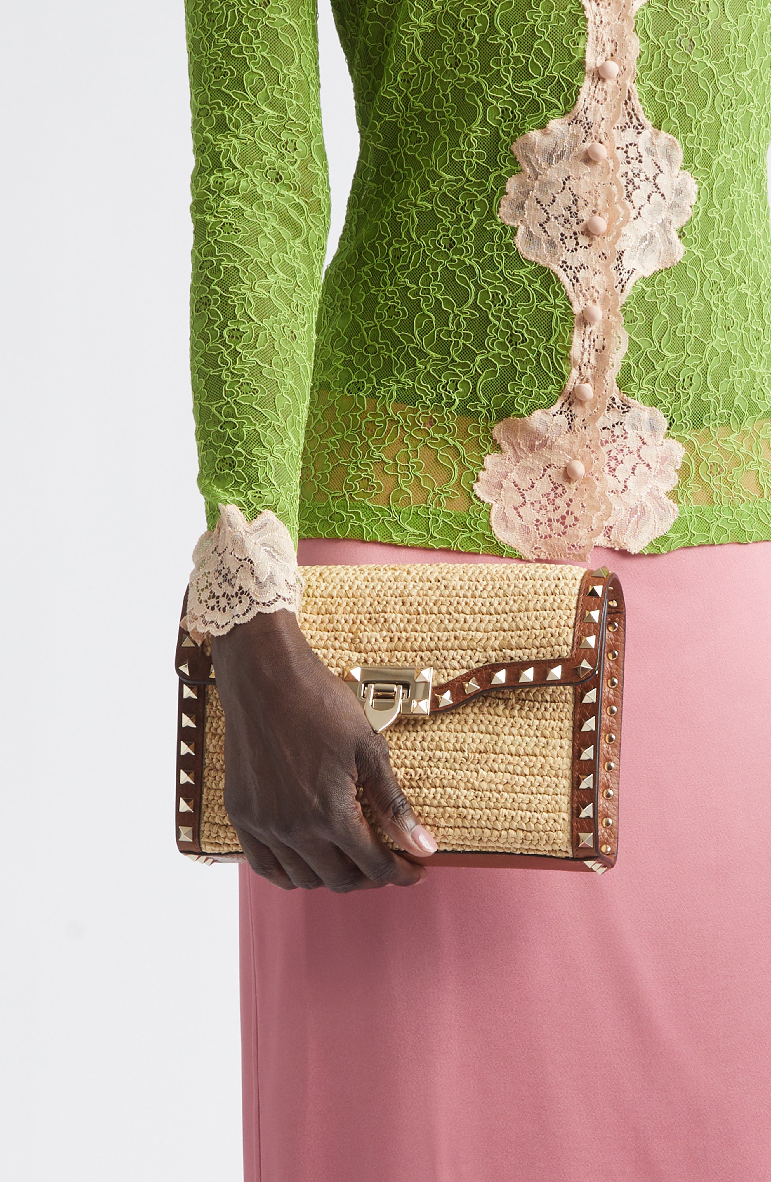 Valentino Garavani Small Rockstud Raffia Crochet Shoulder Bag, Alternate, color, Natural