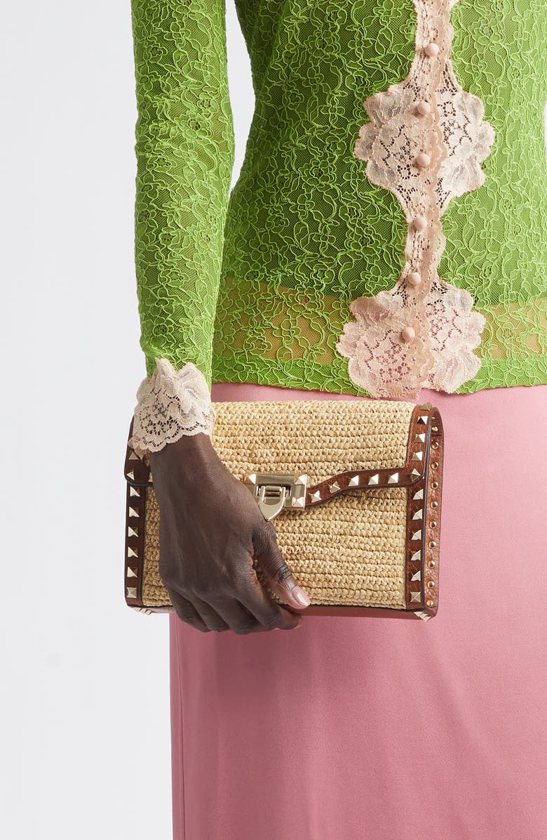 Valentino Garavani Small Rockstud Raffia Crochet Shoulder Bag, Alternate, color, Natural