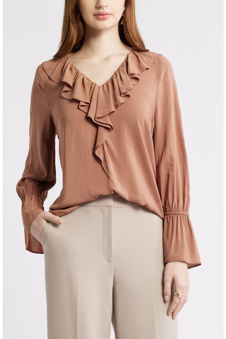 Ruffle Front Top, Main, color, BROWN NUT