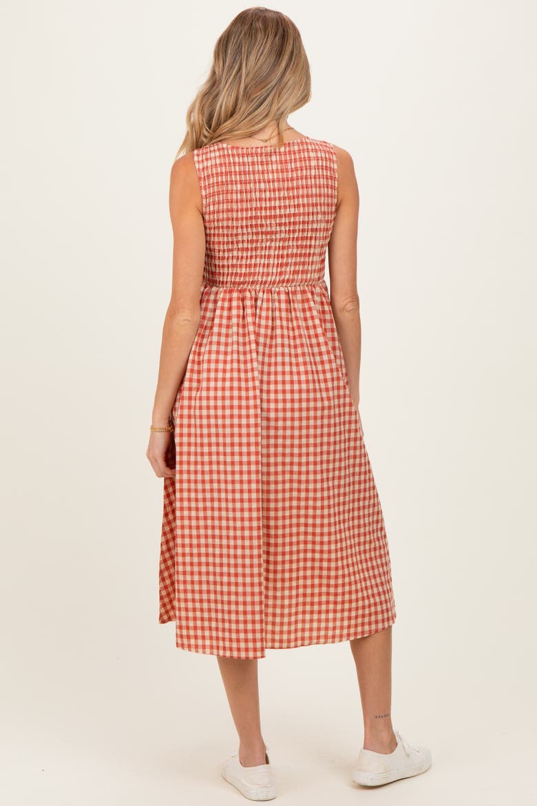 Gingham Smocked Sleeveless Midi Dress, Alternate, color, Red