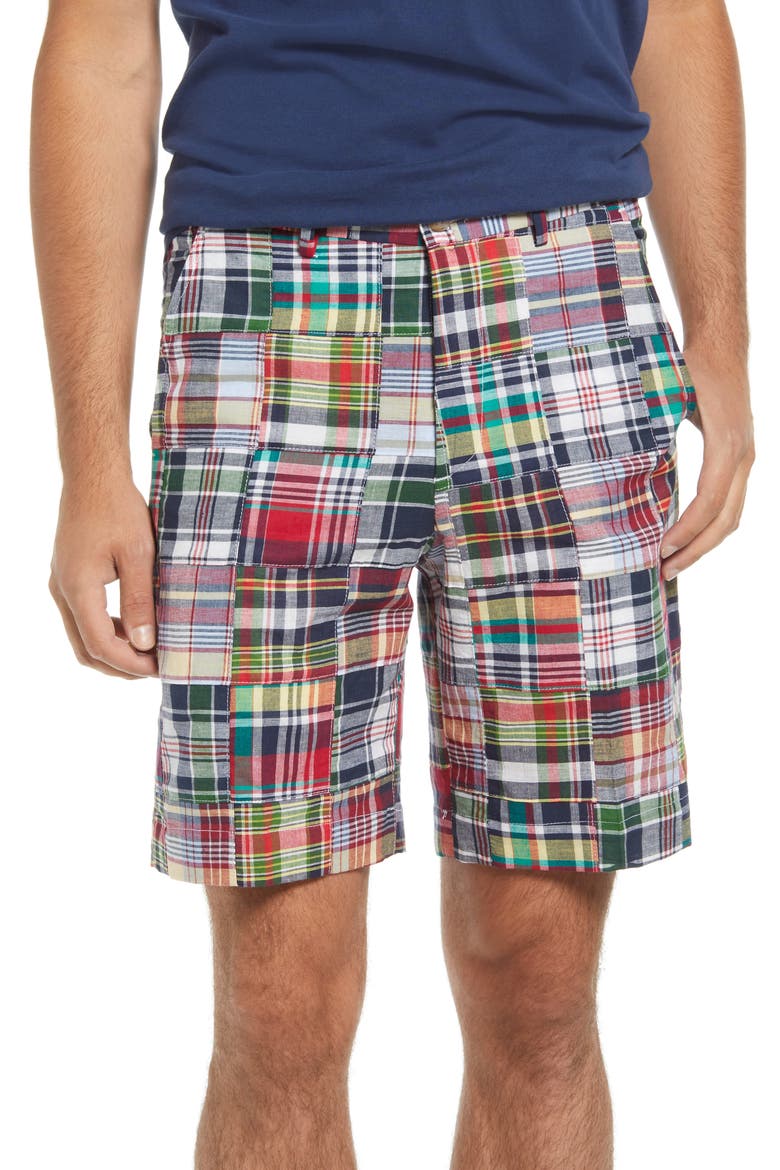 Patchwork Madras Flat Front Shorts, Main, color, GREEN
