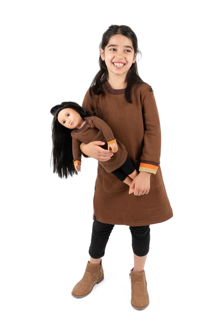 Girls Sweatshirt Dress with Matching Doll Dress, Main, color, BROWN