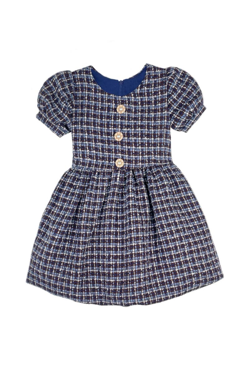 Mia Belle Girls Pretty in Plaid Puff Sleeve Tweed Dress, Main, color, Blue
