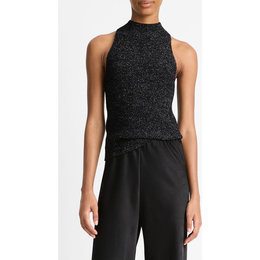 Vince Metallic Mock Neck Alpaca-blend Tank In Black Metallic