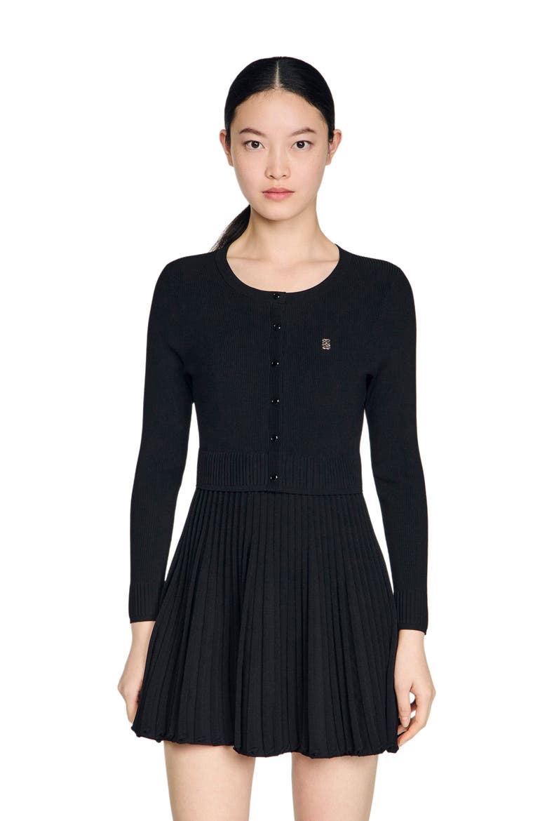 Pleated knit short dress, Main, color, Black