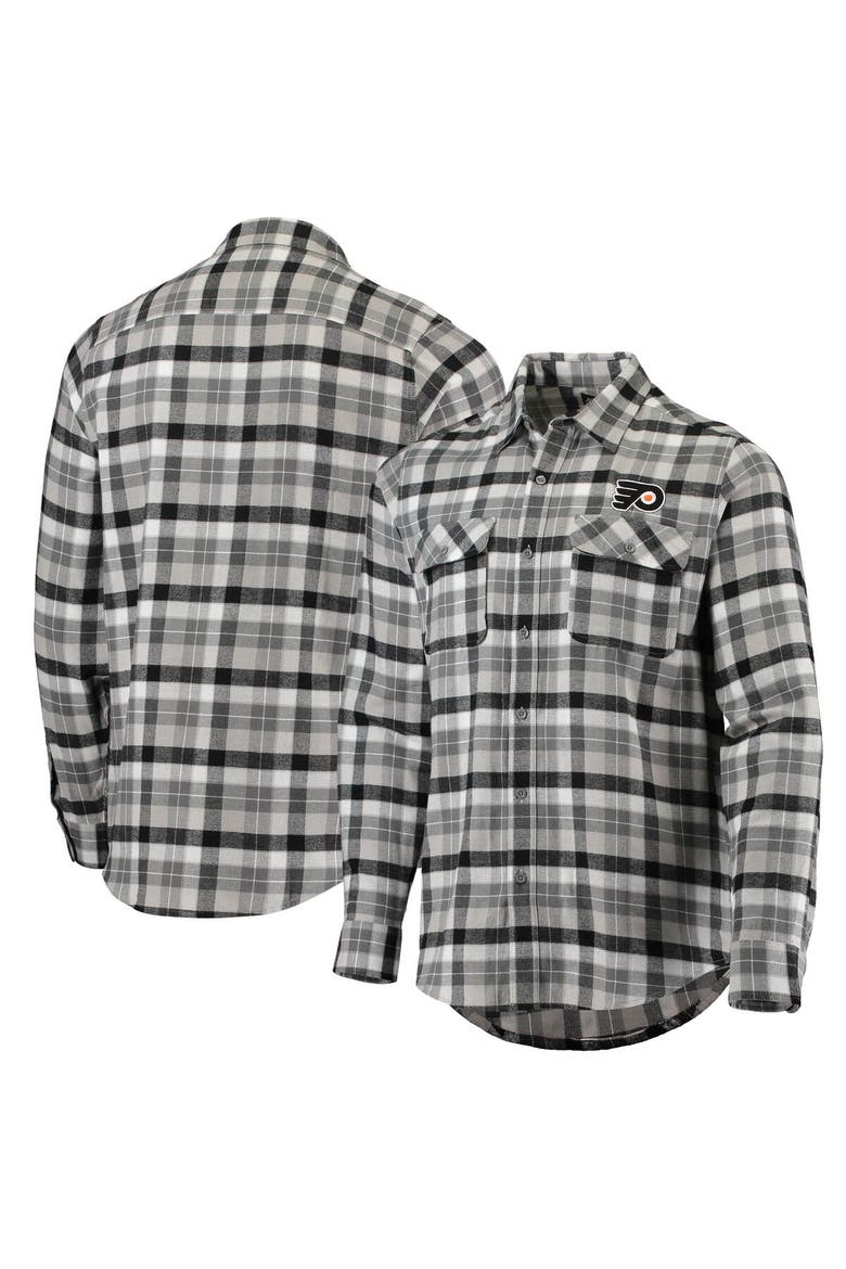 Men's Antigua Black/Gray Philadelphia Flyers Ease Plaid Button-Up Long Sleeve Shirt, Main, color, Black
