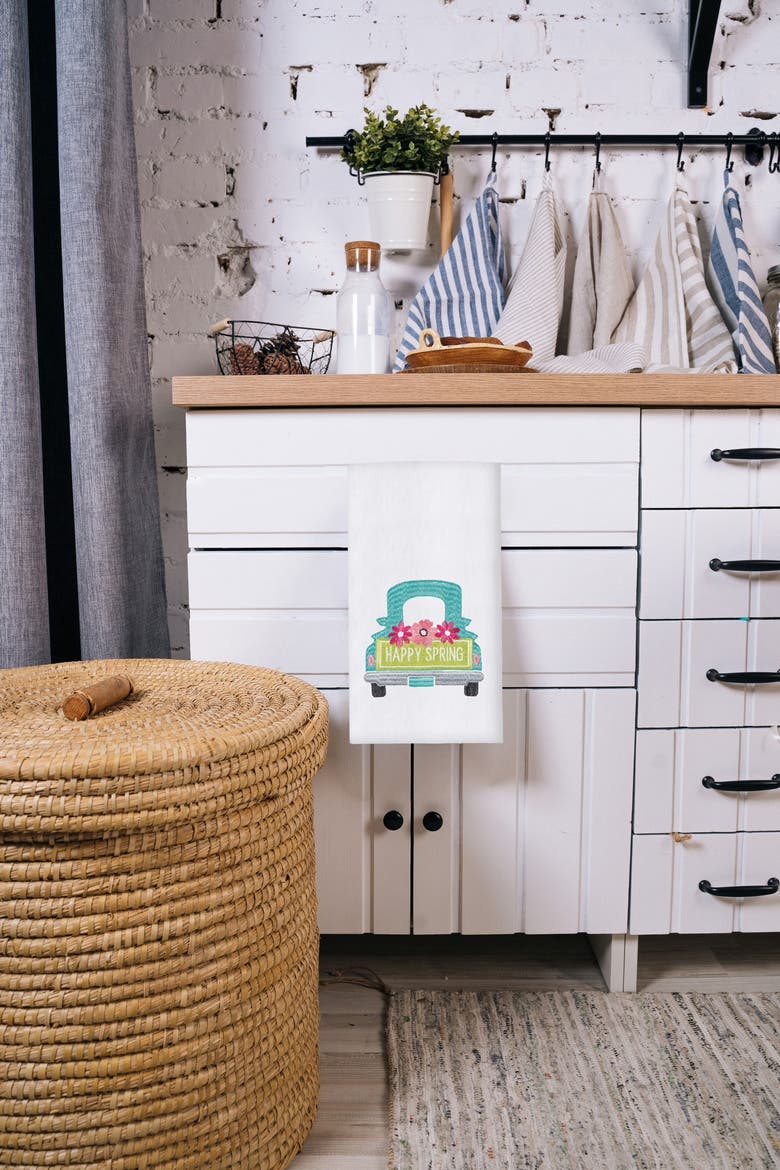 "Happy Spring" Pickup Truck Easter Spring Theme Flour Sack Kitchen Dishtowel, Alternate, color, White