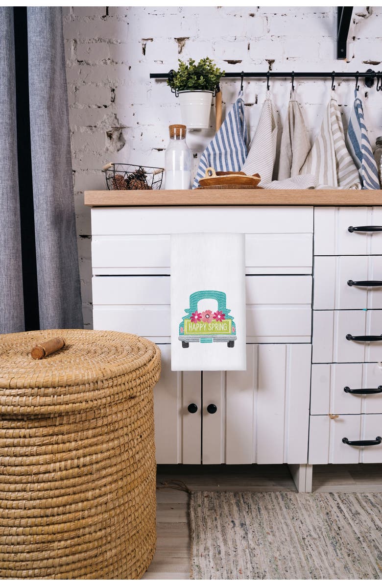 C&F Home "Happy Spring" Pickup Truck Easter Spring Theme Flour Sack Kitchen Dishtowel, Alternate, color, White