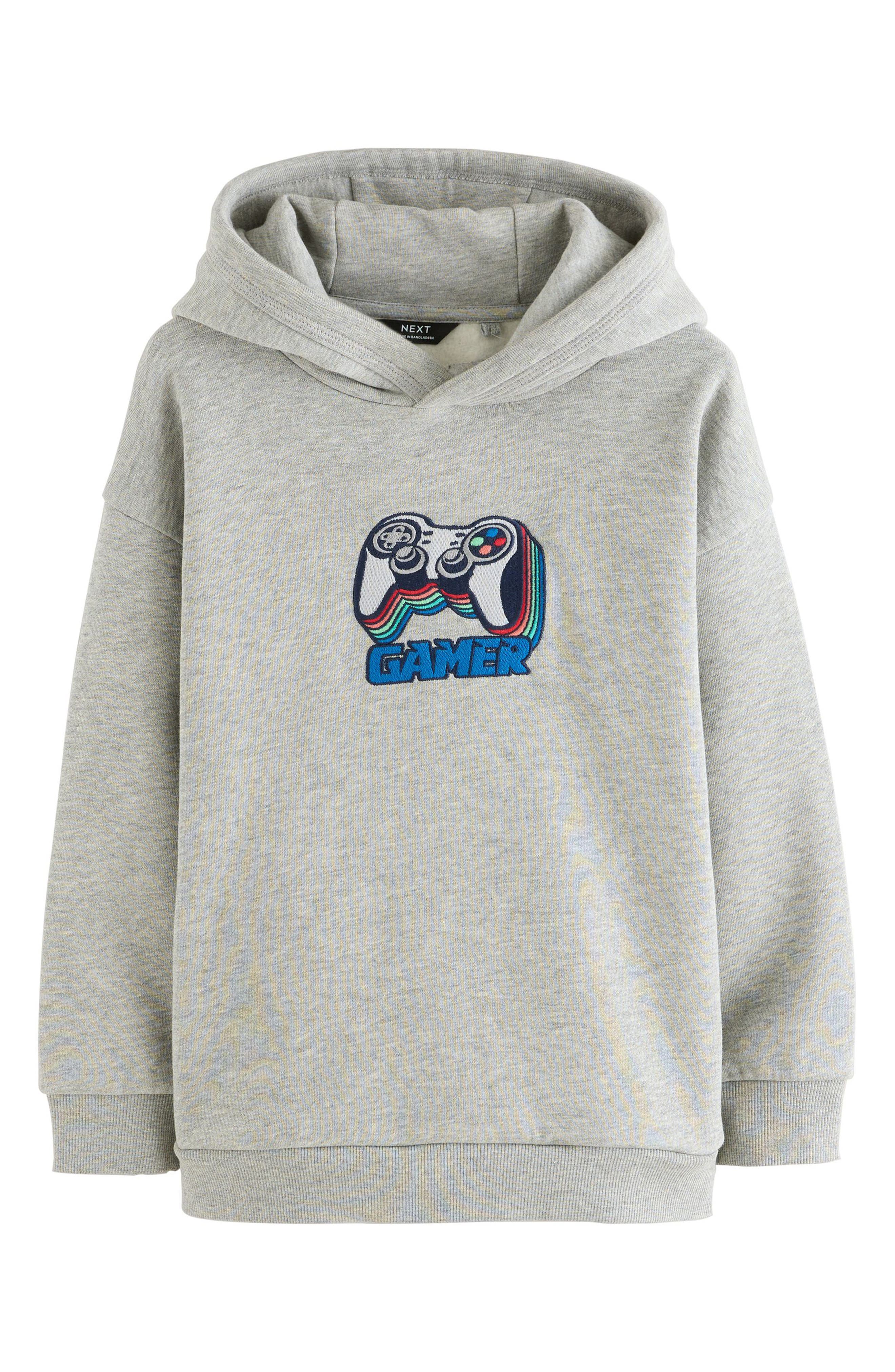 NEXT Kids' Level Up Gamer Embroidered Cotton Blend Hoodie