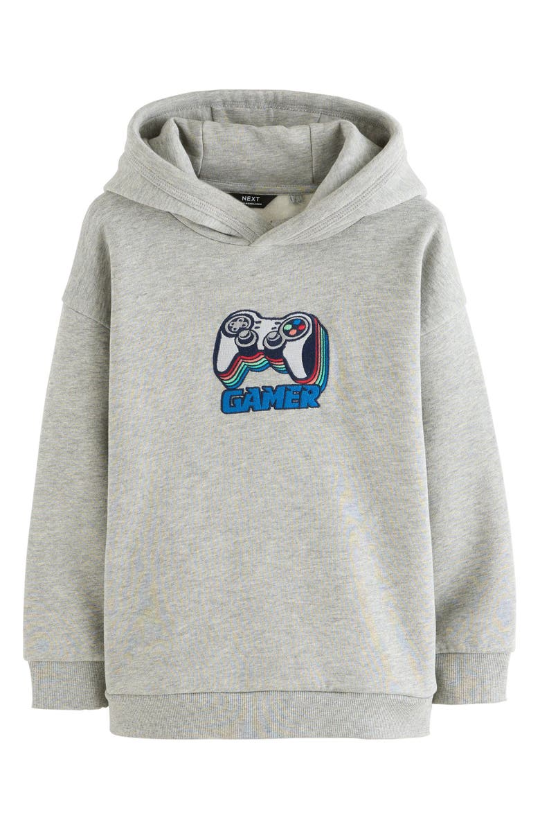 NEXT Kids' Level Up Gamer Embroidered Cotton Blend Hoodie, Main, color, Grey