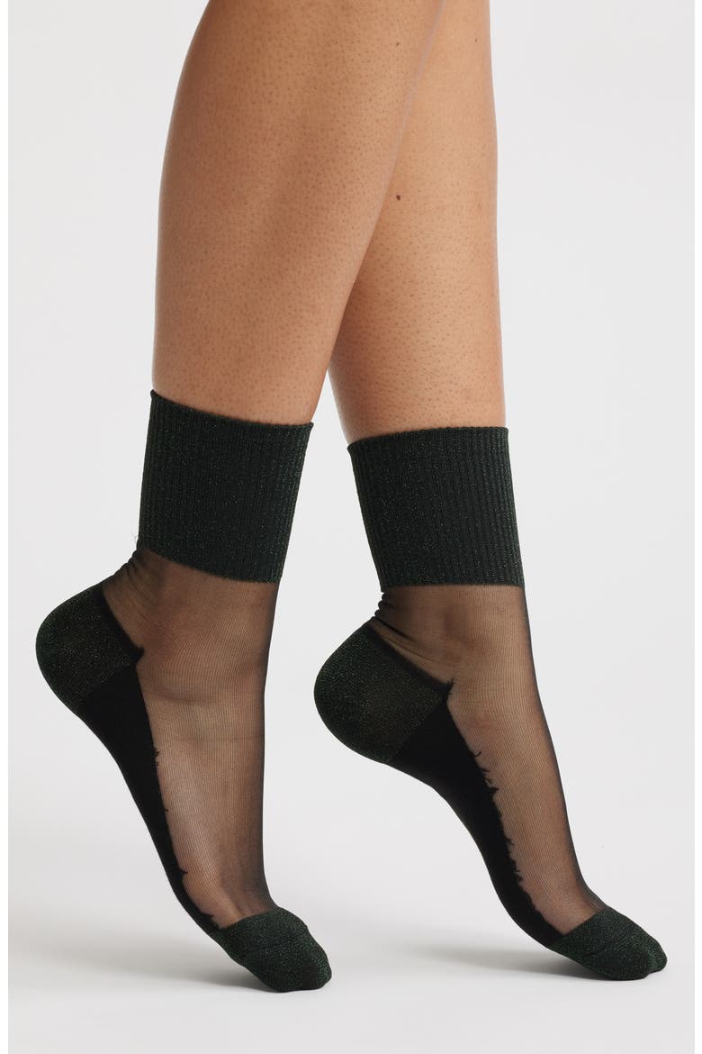 Metallic Sheer Panel Stretch Cotton Blend Quarter Socks, Main, color, EMERALD