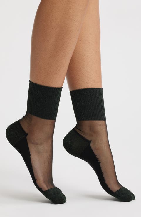 Metallic Sheer Panel Stretch Cotton Blend Quarter Socks