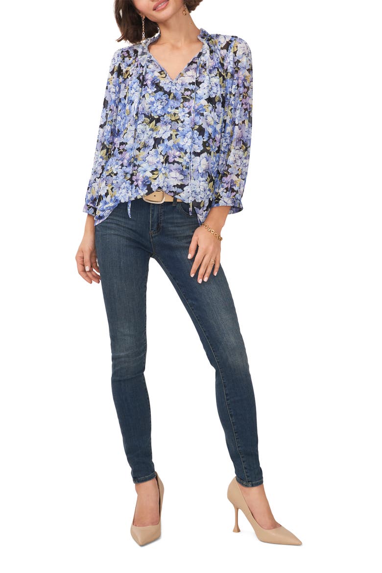 Floral Print Balloon Sleeve Blouse, Alternate, color, SEA BREEZE