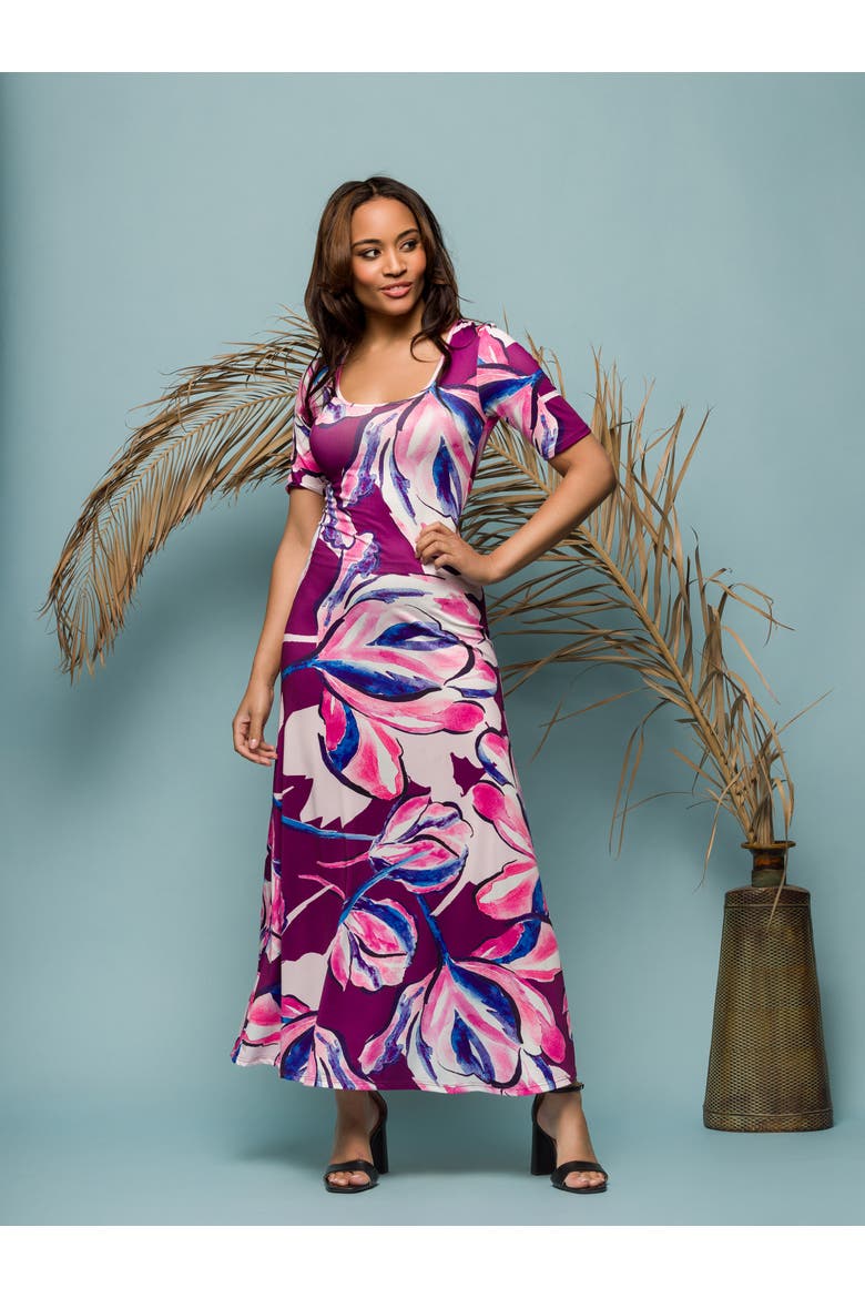Purple Floral Print Elbow Sleeve Casual A-Line Maxi Dress, Alternate, color, Pink Multi