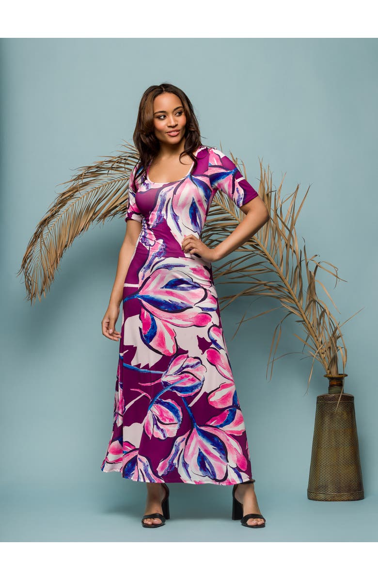 24seven Comfort Apparel Purple Floral Print Elbow Sleeve Casual A-Line Maxi Dress, Alternate, color, Pink Multi
