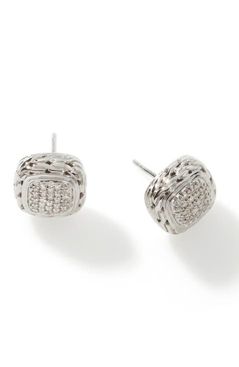Carved Chain Stud Earrings, Sterling Silver, Diamonds