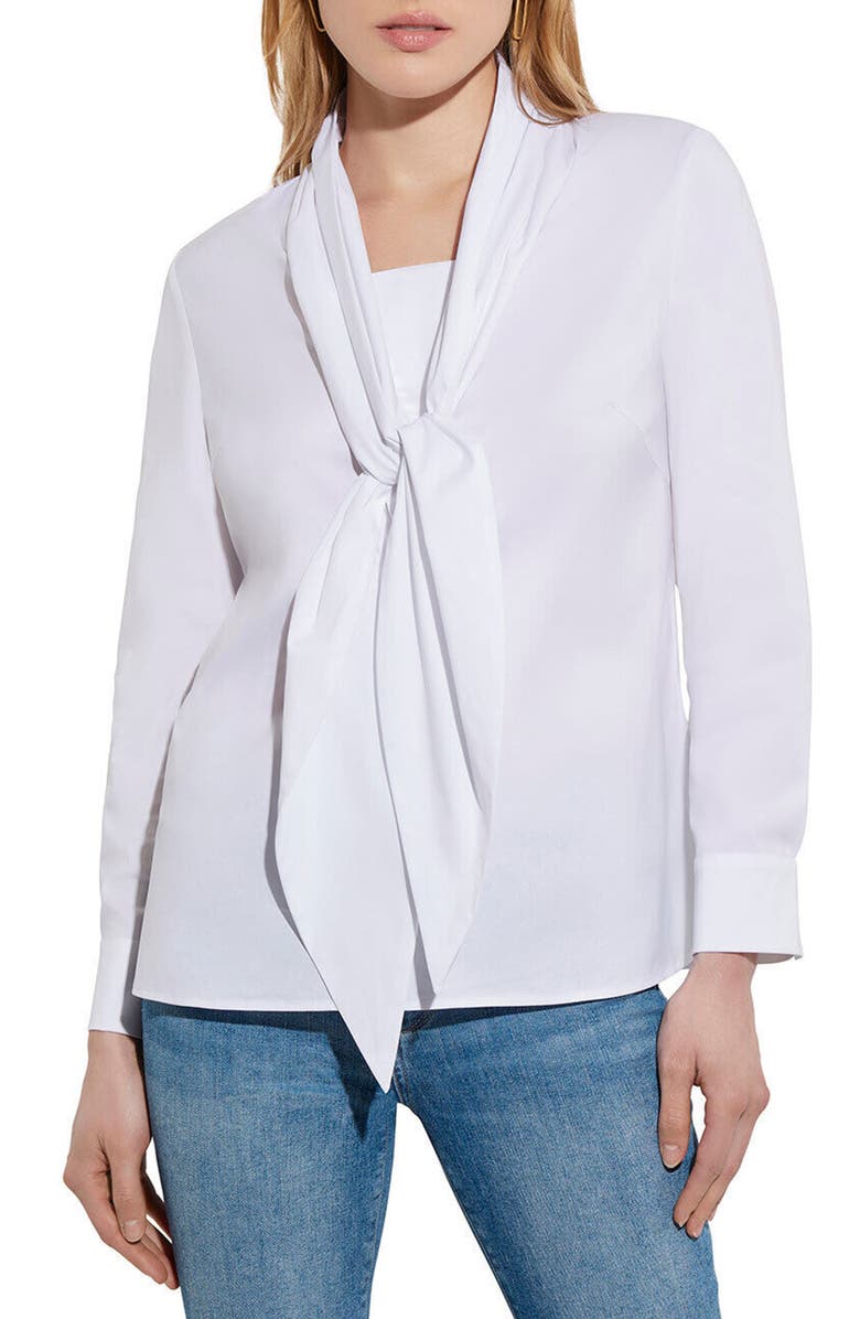 Misook Tie Neck Poplin Blouse, Main, color, White
