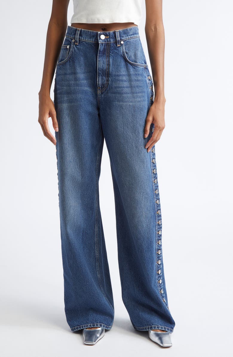 Stella McCartney Side Button Wide Leg Jeans, Main, color, Dark Blue