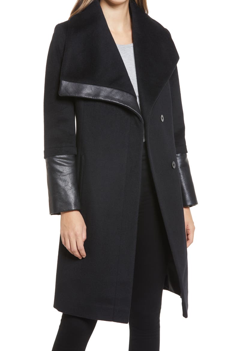 Wool and Faux Leather Coat, Main, color, BLACK
