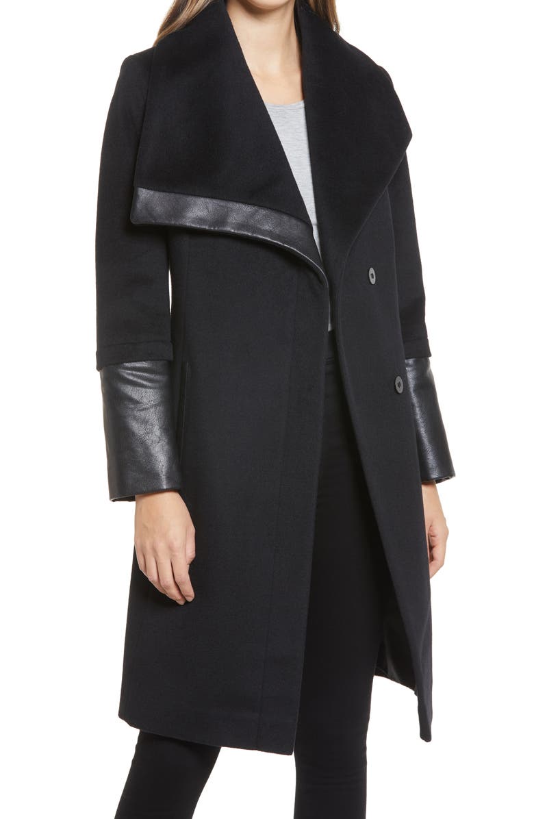 Via Spiga Wool and Faux Leather Coat, Main, color, 