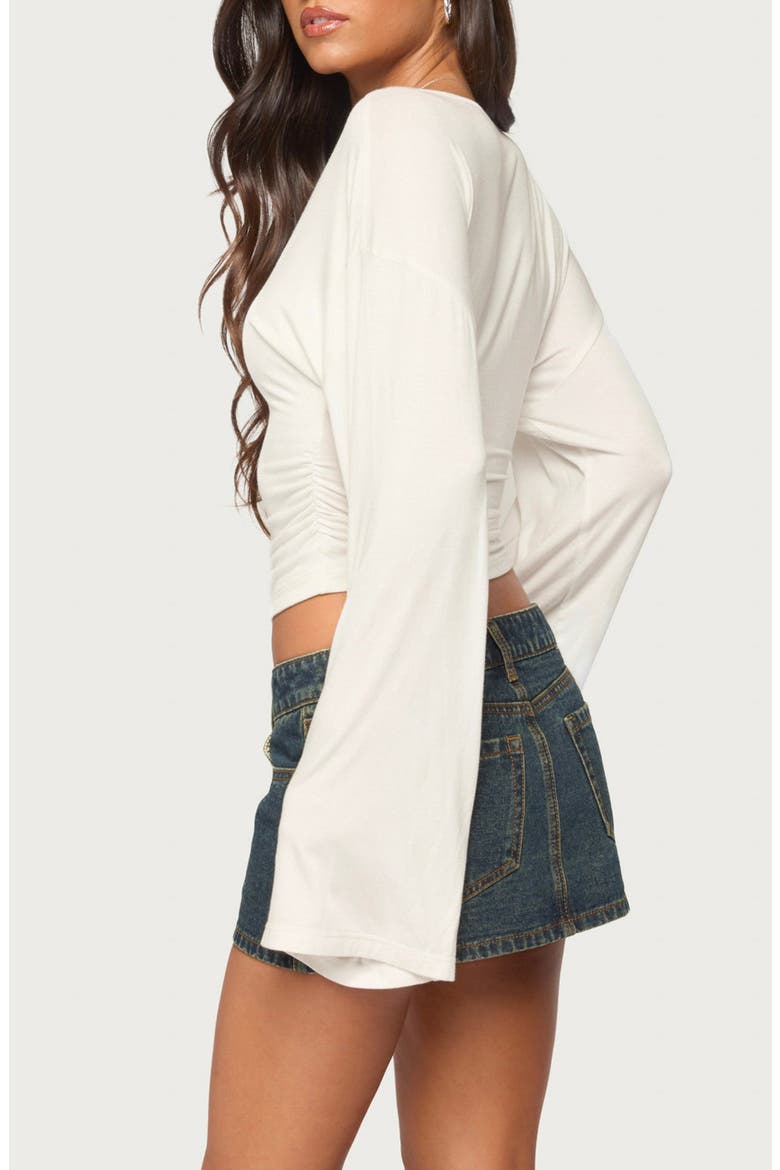 Bebe Ruched Long Sleeve V-Neck T-Shirt, Alternate, color, WHITE