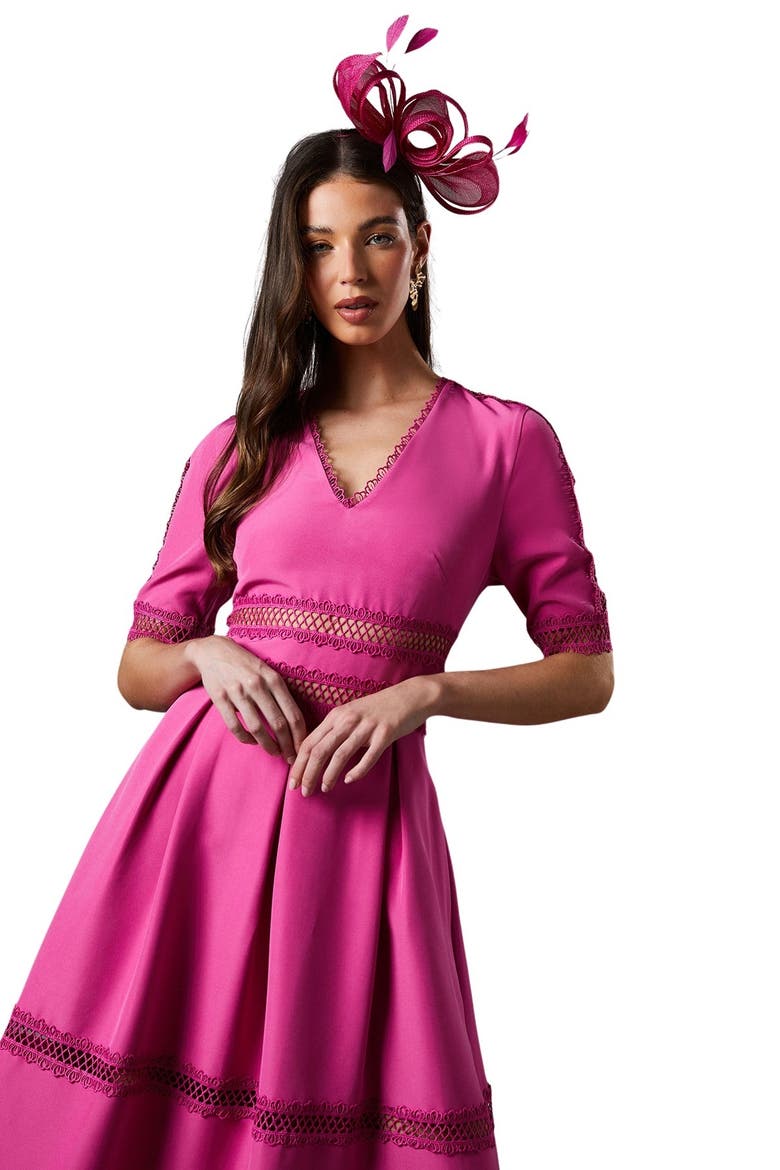 Crochet Insert Crepe V-Neck Midi Dress, Alternate, color, Pink