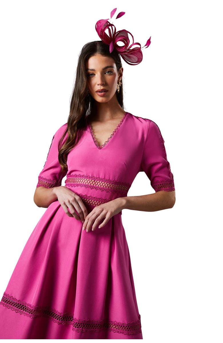 Coast Crochet Insert Crepe V Neck Midi Dress, Alternate, color, Pink