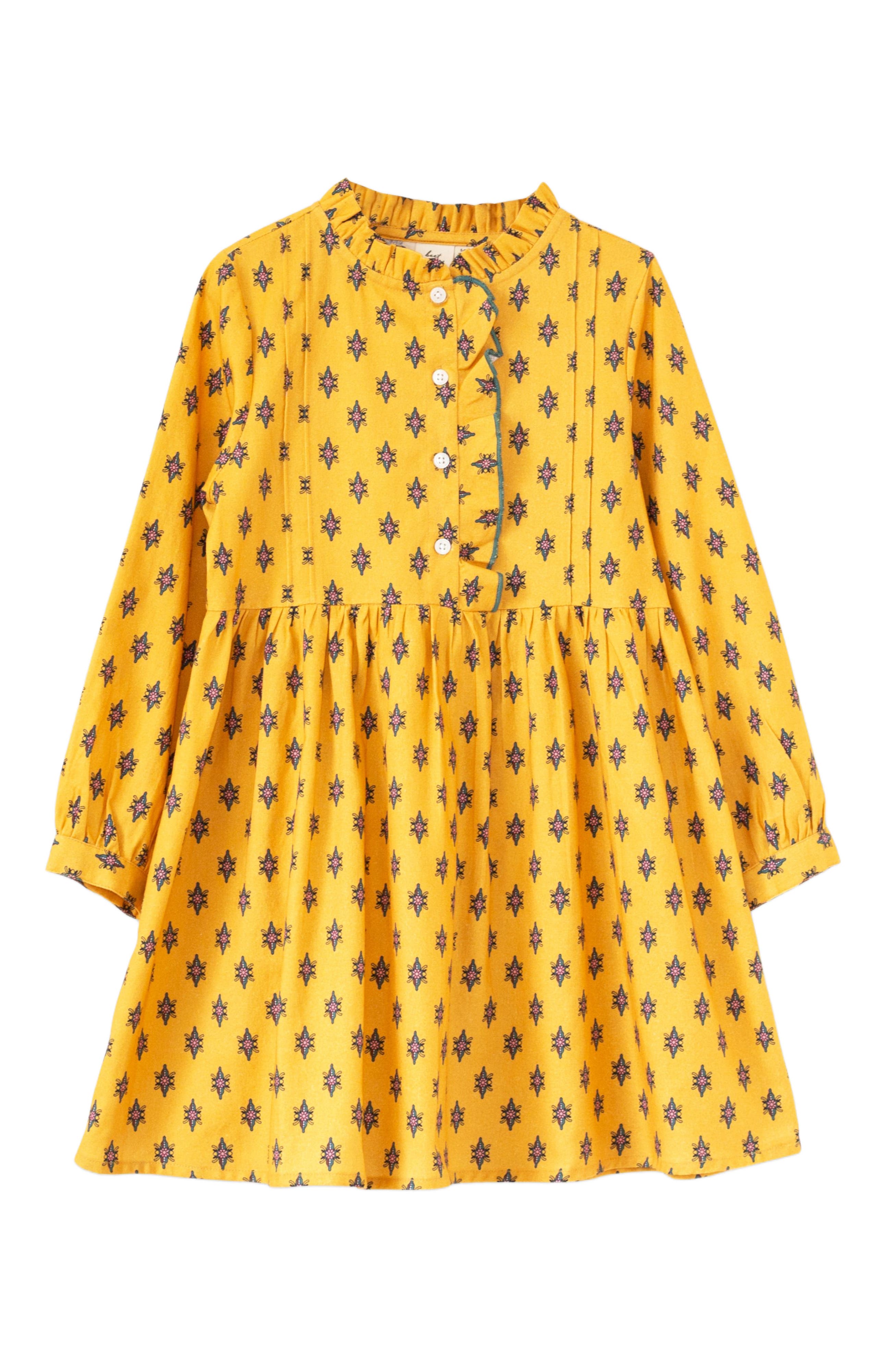 Beet World Toddler Girls' Long Sleeves Dress with Front Ruffle| Yellow and Pink 