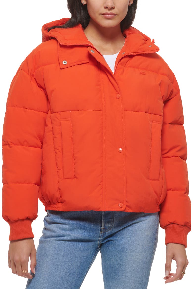 Cinch Waist Hooded Puffer Jacket, Main, color, ORANGE. COM