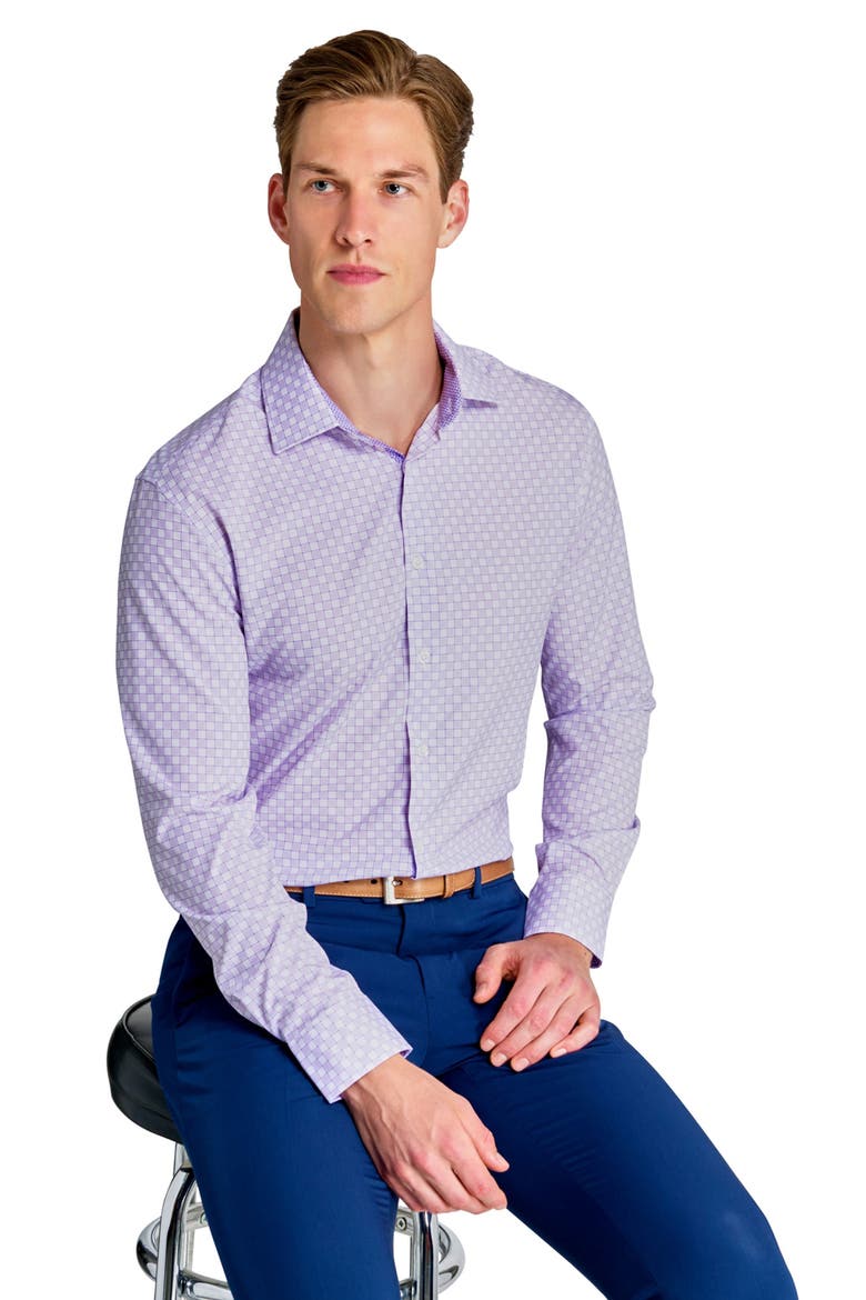 Slim Fit Checker Print Performance Dress Shirt, Alternate, color, WHITE/ PURPLE
