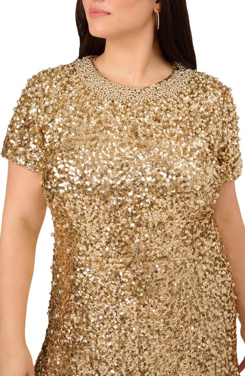Adrianna Papell Beaded Short Sleeve Shift Cocktail Dress In Gold